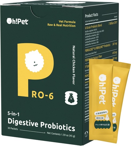 [BRSWYFL5BAPQE3LP] Oh!Pet® 5-in-1 Digestive Probiotics – 7B CFU Powder for Dogs & Cats with Prebiotics & Enzymes (Chicken, 30 Packets)