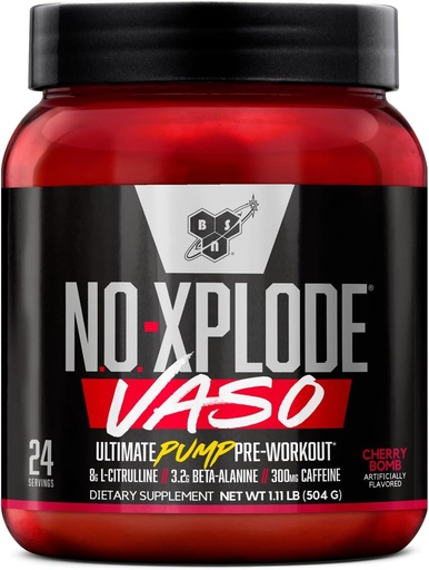 [BRSW22YPOQJWGYDV] BSN N.O.XPLODE Vaso Pre Workout Powder with 8g of L-Citrulline and 3.2g Beta-Alanine and Energy, Flavor: Cherry bomb, 24 Servings