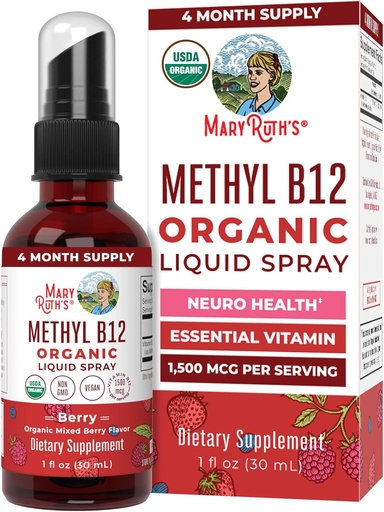 [BRSWG2T4AR4G2234] MaryRuth Organics Vitamin B12 Flytende Spray | Vegansk, Ikke-GMO, Glutenfri | USDA Økologisk Supplement | Energi og nervesystem Støtte | B12 Vitaminer for kvinner og menn | 1.500 mikrog | 1 Fl Oz