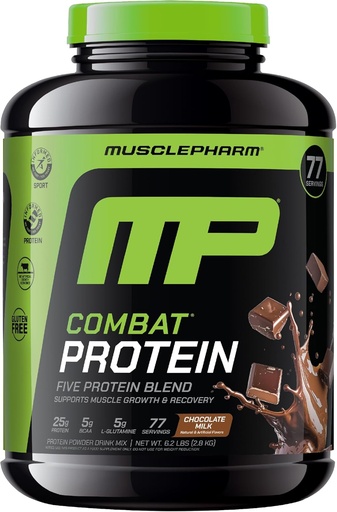 [BRSRM2QDBUMGEAIY] MusclePharm Combat Pudră de proteine, Aroma de ciocolată lapte, Combustibili musculare pentru antrenamente productive, 5 Surse de proteine Inclusiv proteine Izolate & Ou Albumin, Gluten gratuit, 6.2 lb, 77 Serviri