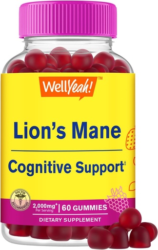 [BRSRAZQRAF7RGFL7] WellYeah Lions Mane Gummies for Adults (2,000mg) | Lions Mane Supplement Memory and Focuse Support | Gluten Free, Non GMO | Berry Flavor | Lion's Mane Gummies 60 Count