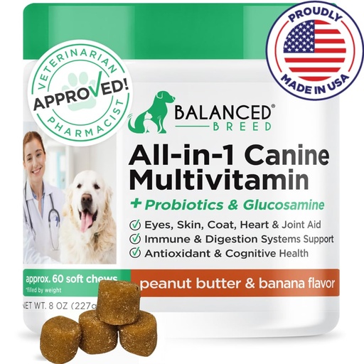 [BRSW2GQDPIJRGCDX] Balanced Breed All-in-1 Dog Vitamins Supplements Made in USA Vet-Pharmacist Approved Dog Multivitamin Probiotics Glucosamine Chondroitin Dogs Salmon Oil Skin Coat Immune Senior Dogs Supplement NonGMO