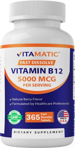 [BRSROZY5DEFAKHQ6] Vitamatic Vitamin B12 5000 mcg – 365 Fast Dissolve Tablets Berry Flavor – Supports Energy Production & Nervous System Health – Non-GMO, Gluten-Free