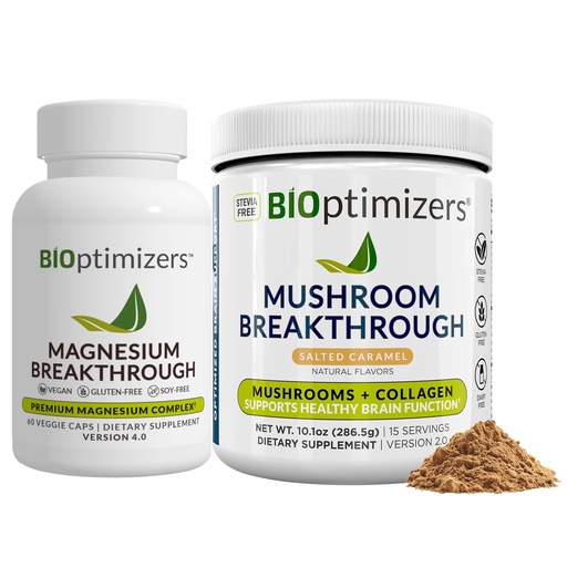 [BRSRAZY5BMFBUFDK] BiOptimizers Magnesium Breakthrough 4.0, (60 Capsules) & Mushroom Breakthrough Powder (Salted Caramel, 15 Servings) - Natural Sleep and Brain Superfood & Supplement Bundle