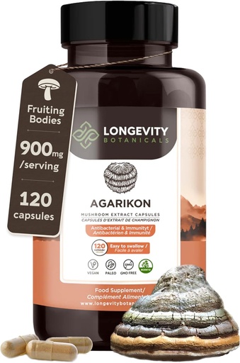 [BRSW2HQ7BN6GE2TD] Longevity Botanicals Agarikon Mushroom Extract Capsules (120) | Concentrated 10:1 Ratio | 100% Fruiting Bodies | Laricifomes Officinalis Supplement for Immunity & Respiratory Support