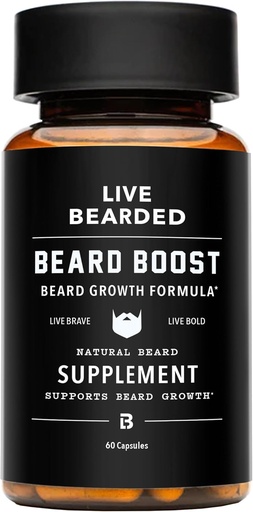 [BRSWEC33BUBB6F3X] Live Bearded Beard Boost - Beard Growth Vitamins for Men with Biotin, Collagen, Silica, Fo-Ti Root - Crecemento facial do cabelo para homes, feito en Estados Unidos | Oferta de 30 días