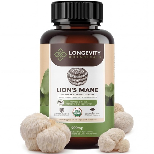 [BRSWKE37OR7WID3U] Longevity Botanicals Organic Lion's Mane Mushroom Capsules Supplement Extract 240ct | Hericium Erinaceus Fruiting Body | ≥20% Beta-D-Glucans | 80 Servings of 900mg | Supports Cognitive & Gut Wellness