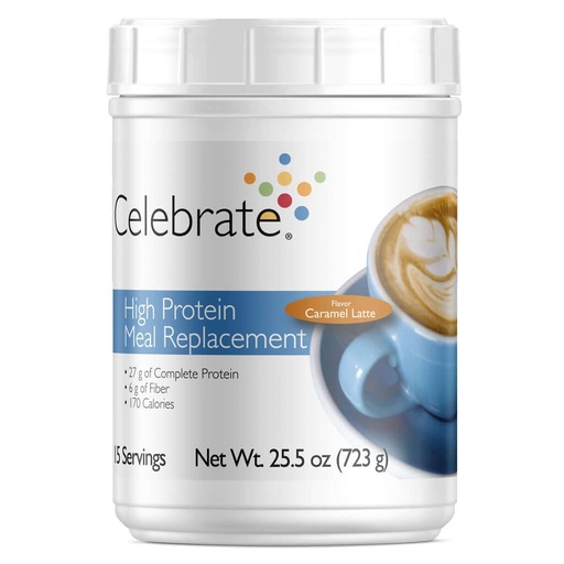 [BRSWKHQQAIHWCYI4] Celebre Vitaminas Alta Protein Replacement Shake, 27 g de pó de proteína, 6 g de fibra, para pacientes de cirurgia pós-bariátrica, Caramel Latte, 15 porções