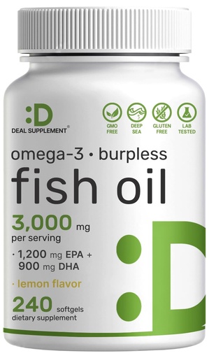 [BRSROFD2PMBAAA34] DEAL SUPPLEMENT Omega 3 Fish Oil Supplements, 3,000mg Per Serving, 240 Softgels – EPA 1,200mg + DHA 900mg – Burpless Pills, Lemon Flavored, Wild Caught – Brain & Heart Support – Mercury Free, Non-GMO