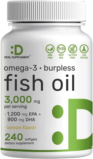 [BRSROFD2PMBAAA34] DEAL SUPPLEMENT Omega 3 kalaõli toidulisandeid, 3,000mg per Serving, 240 Softgels - EPA 1200mg + DHA 900mg - Burpless pillid, sidrunimaitseline, Wild Caught - Aju & Heart Support - Mercury Free, Non-GMO