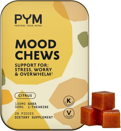 [BRSWYGI3CQNQEG3P] PYM Citrus Mood Chews Support for Stress, Worry & Overwhelm, 20 Count | 130mg GABA, 90mg L-Theanine | Vegan, Non-GMO, Gluten-Free, No Added Sugar | All-Natural Mood Balance Supplement Made in USA