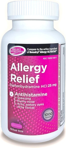 [BRSW2ADROVYQGE33] Alergie Relief Antihistamin, Difenhidramină HCl 25mg, Generic Benadryl Ultimabs, Relieves Sezoniere interior sau exterior Alergii respiratorii superioare, 1000 Conte