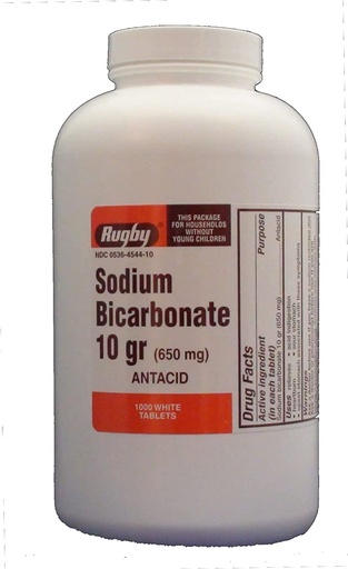 [BRSWKEY2OF5GIET4] Rugby Sodium Bicarb 10 g Tab – Sodium Bicarbonate 650 mg, White, 1000 Tablets (UPC 305361047108)