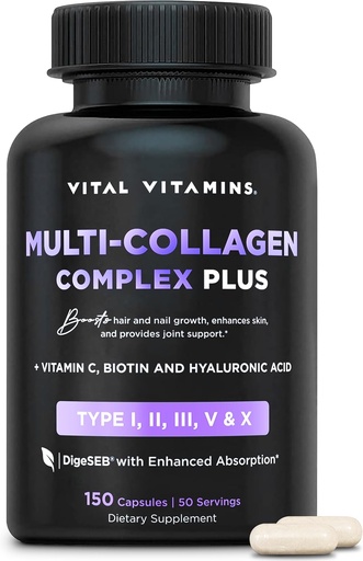 [BRSROEIQDF6Q4HQZ] Vitální vitaminy Multi kolagen Complex Plus - s Biotin, Hyaluronic Acid, Vitamin C - Typ I, II, III, V, X - pro ženy a muže - Vlasy, kůže, nehty Beauty Complex - 150 Kapsle