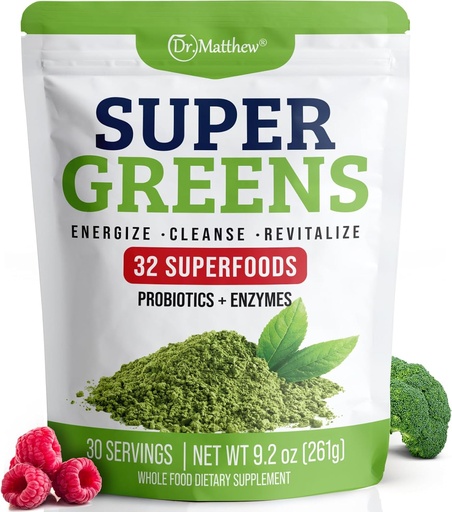 [BRSROZQTDJ7WCCA3] Poudre de jus vert. Supergreens Superfood Powder. Detox Greens pour Bloating et Digestion. Poudre de légumes avec probiotiques et enzymes. Chlorella, Spiruline, Herbe de blé, Ashwagandha. 32 Superaliments