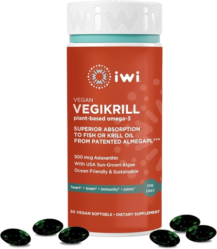 [BRSRMBLYOQMRSELK] iwi Life Vegikrill Omega-3, 30 Softgels (30 Servings), Vegan, Plant-Based Algae Omega-3 with Astaxanthin, Whole-Body Support Dietary Supplement, Krill & Fish Oil Alternative, No Fishy Aftertaste