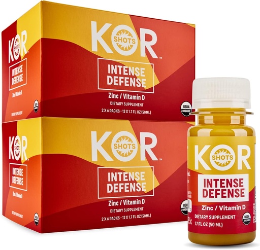 [BRSWYA34DMPGOF3L] Kor Shot Vitamin D & Zinc Shot - 24 Pack x 1.7 Fl Oz - Intense Defense - 100% DV of Zinc and 235% DV of Vitamin D- USDA Certified Organic