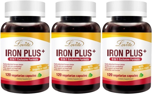 [BRSW2AQFPMNWKGTP] Lovita Iron 18 mg, 6 in 1 Geležies papildas moterims, su vitamino C, Dong Quai & B12, Vegan Vitaminas remti raudonųjų kraujo ląstelių gamybą be vidurių užkietėjimas, 120 kapsulės (pakuotėje 3)