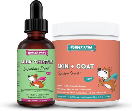 [BRSRMZAYOUCWMC3G] WONDER PAWS Milk Thistle Drops Plus Skin + Coat Soft Chews - for Dogs Liver and Kidney Support, Detox & Skin and Coat Health - Milk Thistle 2 Ounces - Skin + Coat 70 Chews