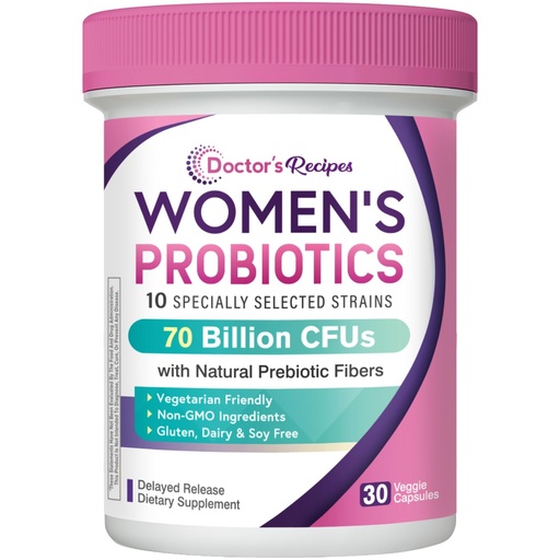 [BRSRAFA6CICQOETG] Doctor's Recipes Probiotics for Women, Organic Prebiotics and Probiotics, 70 Billion CFU, 10 Strains, Shelf Stable, 30 Capsules