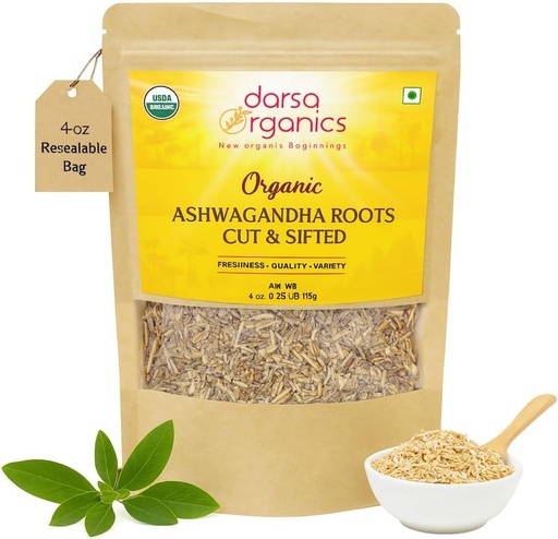 [BRSROAA7B4PGAC3A] Ashwagandha Root Cut " Sifted 4 oz - USDA Organic Certified Withania Somnifera Supports Healthy Stress Relief, Energy and Sleep, Great for Teas and Smoothies, Non-GMO, Vegan, Kosher