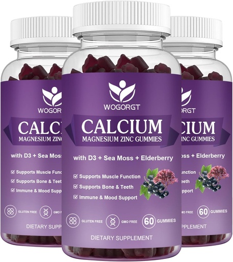 [BRSROHYROEPBYELF] Calcium Magnesium Zinc Gummies with Vitamin D3 - High Absorption Complex Calcium Supplement with Sea Moss, Elderberry for Bone, Muscles, Immune, Mood & Sleep Support, Vegan - 60 Gummies (3 Pack)