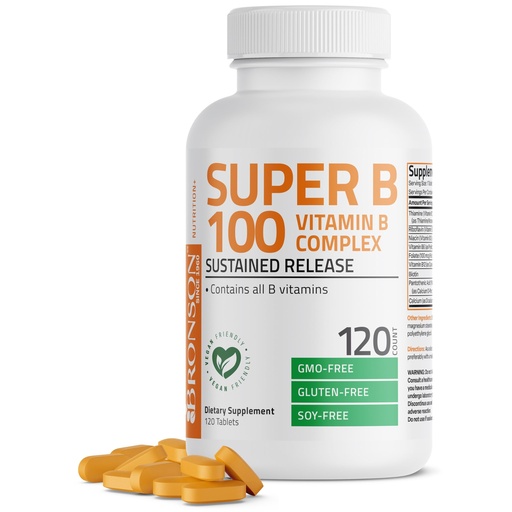 [BRSROGIOAEIRAEY3] Bronson Super B100 Vitamin B Complex Sustained Release Contains All B Vitamins (Vitamin B1, B2, B3, B6, B9 - Folic Acid, B12), 120 Tablets