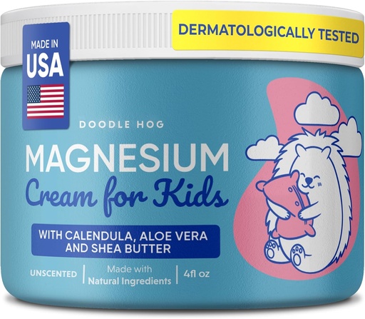[BRSRA23RAF6RUHTX] DOODLE HOG Magnesium Cream for Kids - Успокаивающее облегчение и расслабление с помощью Calendula, Aloe Vera, Shea Butter - Topical Magnesium Cream for Sleep - USA Made - (4 унции, Unscented)