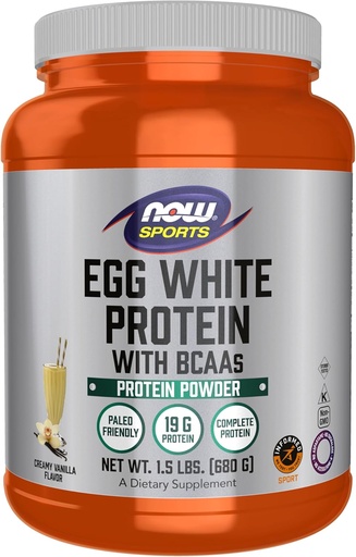 [BRSWIZ34OZ4B4ALA] NOW Nutrizione sportiva, Proteine bianche dell'uovo, 20 G con BCAA, Polvere di Vanilla cremosa, 1,5-Pound