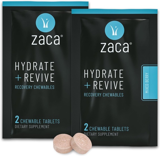 [BRSWGGL3BEPRU2T4] Zaca Recovery Chewable Supplement | Hydrate + Revive | パーティー、旅行、エクササイズ、高度 | 非砂糖と非グルテンフリー | 混合ベリー、2 パケット = 4 錠