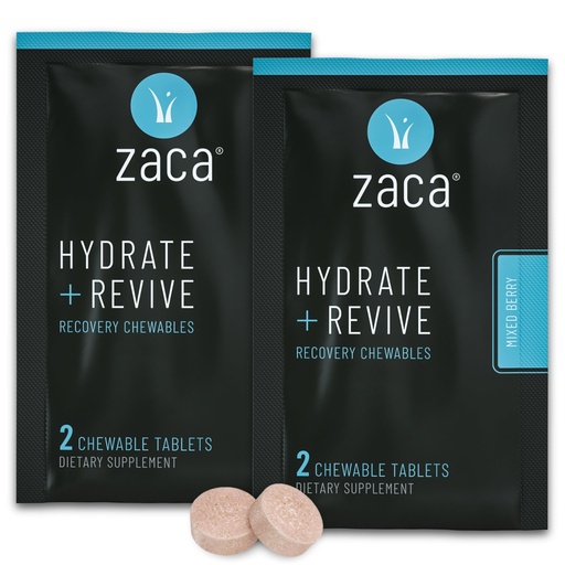 [BRSWGGL3BEPRU2T4] Zaca Recovery Chewable Supplement | Hydrate + Revive | Party, Travel, Exercise & Altitude | Non-Sugar & Non-Gluten | Mixed Berry, 2 Packets = 4 Tablets