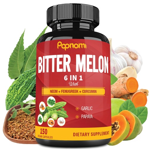 [BRSW2Y34A4DWGFAY] Organic Bitter Melon Extract Capsules - Combined Neem, Fenugreek, Curcumin, Garlic & Papaya - 150 Count for 5 Months - Supports Body, Digestive, Skin, Immune & Overall Wellness