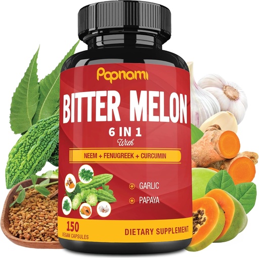 [BRSW2Y34A4DWGFAY] Organic Bitter Melon Extract Kapsle - Kombinovaný Neem, Fenugreek, Curcumin, Česnek & Papaya - 150 Počet na 5 měsíců - Podporuje tělo, trávicí, kůže, imunitní a celkové Wellness