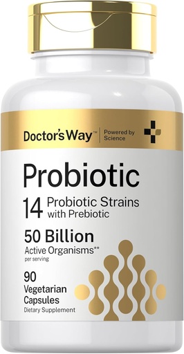 [BRSRAYAZPICQY3Q4] Doctor's Way Probiotic Supplement | 50 Billion Active Organisms | 90 Capsules | 14 Strains with Prebiotic | for Men and Women | Vegetarian, Non-GMO, Gluten Free