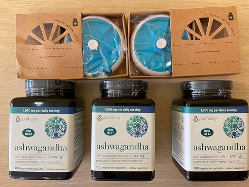 [BRSRAGAFOACAOFY4] Youtheory Ashwagandha 1000mg with KSM-66 - Helps Support a Healthy Stress Response,180 Capsules (Pack of 3) and 2 Pill Orgnizer