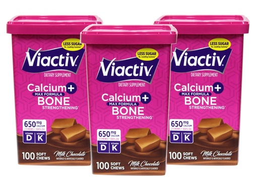 [BRSWI2QKDIAWGHAV] Viactiv Max Formula Calcium +Vitamin D3 Supplement for Bone Health Milk Chocolate, 100 Soft Chews - 3 Pack