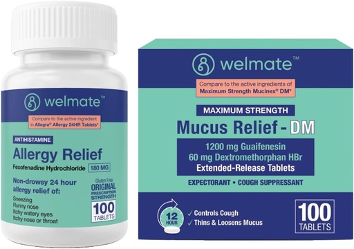 [BRSROBQCCV4GCF33] WELMATE Complete Allergy & Congestion Relief Bundle: Fexofenadine HCl 180mg Non-Drowsy Antihistamine (100 Ct) + Mucus Relief DM 1200mg Guaifenesin & 60mg DXM (100 Ct) | 12-Hr Respiratory Support