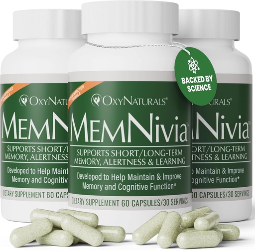 [BRSRMZIKOYPB6ALB] MemNivia Brain Supplements for Memory & Focus | Dual-Sage Stem Cell Formula with Cognivia®, Bacopa, Holy Basil & Ginger | Clinically Proven Mental Clarity Support | 180 Capsules (3 Bottles) | USA Made