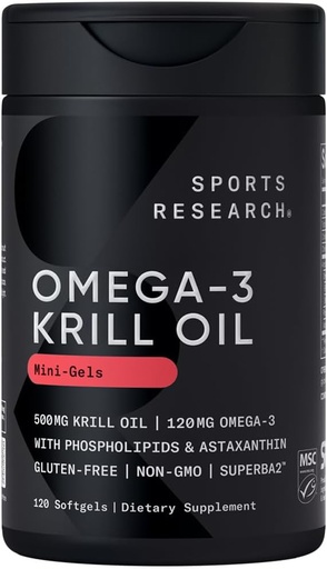 [BRSWGGTRBZYWCDTO] Sports Research® Omega-3 Krill Oil 500mg - Pure Antarctic Superba Krill with Phospholipids, Choline & Astaxanthin - MSC Certified Sustainable, Non-GMO Verified & Gluten Free - 120 Mini-Gels