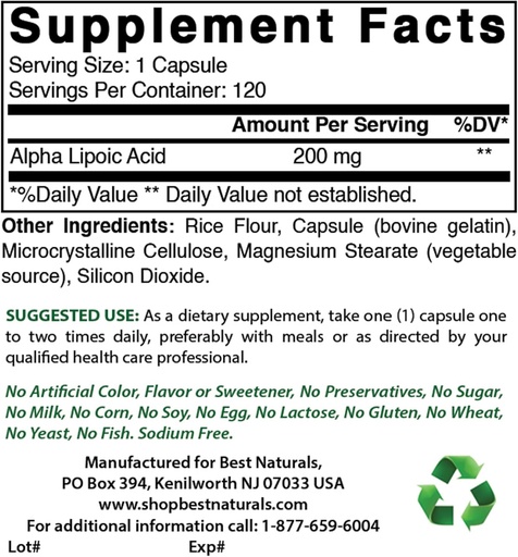 [BRSRMAI7BEDRYHTB] Best Naturals Alpha Lipoic Acid 200 Mg & B-100 Complex