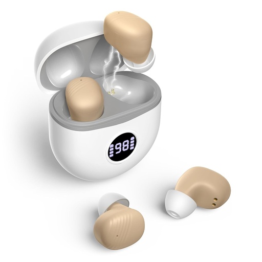 [BRSRAEAFOICWAHY2] Hearing Aids, Rechargeable Hearing Aids for Seniors with Noise Cancelling, Small In Ear No Squealing Hearing Amplifiers Update Maximum Gain 40dB with Oval Charging Case LED Power Display, Beige