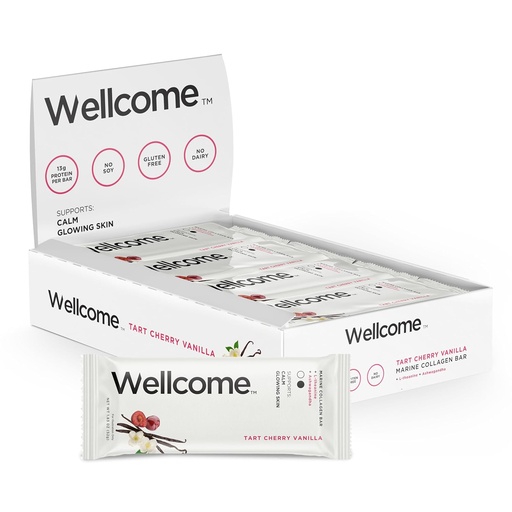 [BRSRAYY7CV6BOYDU] Wellcome Tart Cherry Vanilla Marine Collagen Protein Bar with Ashwagandha and L-Theanine - Adaptogenic Snack Bar - Dairy Free Health Bar for Functional Active Lifestyle (Pack of 12)