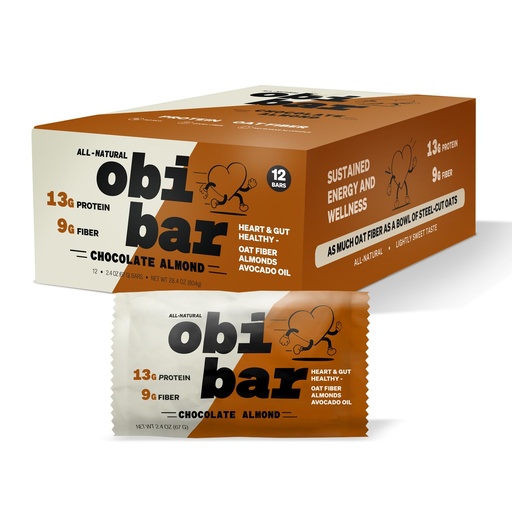 [BRSROFAQCUFGGCDK] Obi Bar Chocolate Almond - Protein and Oat Fiber Bar | All-Natural | Sustained Energy | Lightly Sweet Taste | 100% Cocoa, Almond Chunks | MADE WITH AVOCADO OIL | Egg White Protein | Soy Free, Dairy Free, No Sugar Alcohol, No Seed Oils | 2.4oz, 12 Pack