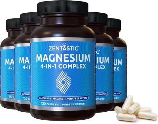 [BRSROY37BYOQ4DYV] Zentastic Magnesium Complex - 600 Magnesium Capsules - Chelated Magnesium Glycinate, Malate, Taurate & Lactate - Support Bones, Muscles