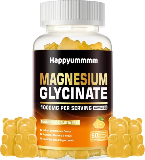 [BRSRA2YBCMNAE3L6] Magnesium Glycinate Gummies 1000mg - Sugar Free Magnesium Потазія добавка з вітаміном D, B6, CoQ10 для Calm Mood & Sleep Support - 60 Orange Gummies