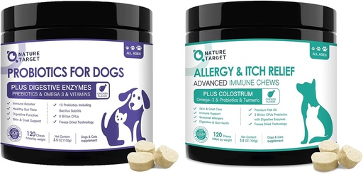 [BRSROZDYCMBQGDY6] NATURE TARGET Probiotics for Dogs, з пребіотики та травлення ферментів, вітаміни & Омега 3 для алергії Itch Relief, зменшити діарея, газ, Зупинити затискання, Hot Spots, Shedding