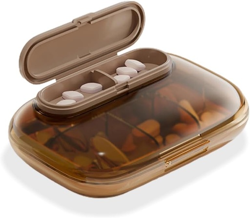 [BRSRA2YLCR6RE23U] Small 7 Day Pill Case, Compact Weekly Vitamin Box, Portable Travel Pill Dispenser, Stylish Medications & Supplements Organizer (Brown)