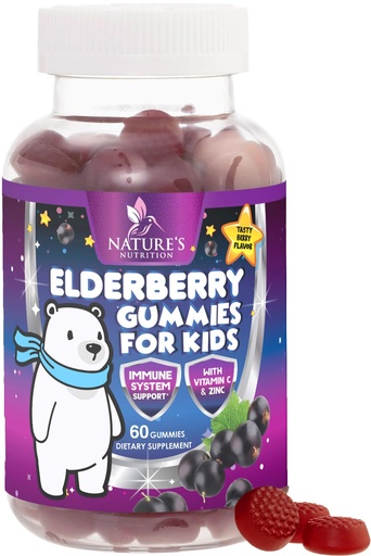 [BRSWYZIQOQBQYF3L] Kids Immune Support Elderberry Gummies - Daily Children's Vitamins C, Zinc & Kids Support Gummy - Nature's Sambucus Elderberry Supplement, Vegan, Gluten-Free, Tasty Berry Flavor - 60 Gummies