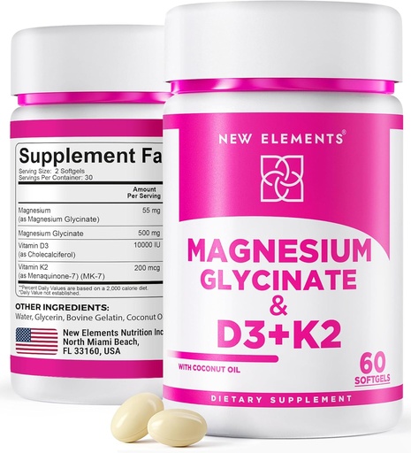 [BRSRAZLRDEMAKFLO] Magnesium Glycinate 500mg with High-Potency Vitamin D3 10,000 IU & Vitamin K2 200mcg  Mejorado con aceite de coco para absorción óptima ← Non-GMO, Gluten-Free, Sugar-Free Softgels (60 softgels)
