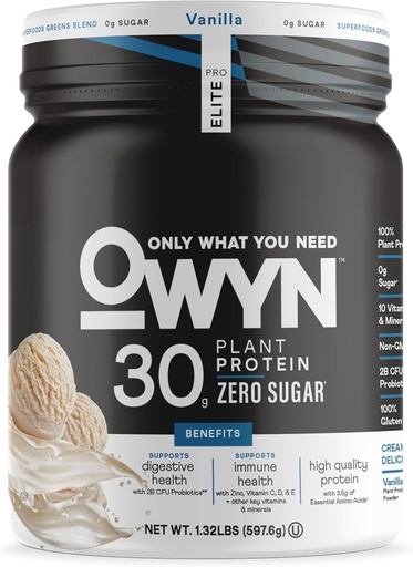 [BRSROBDRCEORAADV] OWYN Sólo lo que necesitas Pro Elite High Protein Powder, 30g Vegan Protein para la recuperación de entrenamiento, Delicious Smooth Taste, Zero Sugar, Low Net Carbs, Vanilla, 12 Servings (1.32 LB)